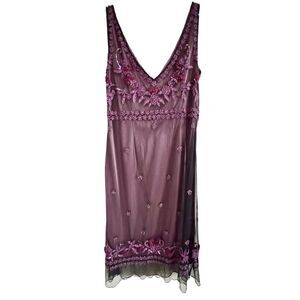 Vintage Y2K beaded mesh slip dress – deep plum – floral beading embroidery - S/M
